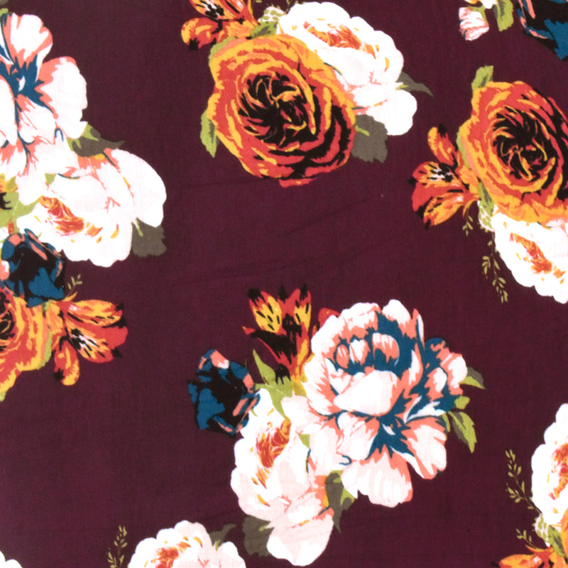 Maroon Red-Orange-Multi Floral Printed Rayon Stretch Jersey Knit Fabric