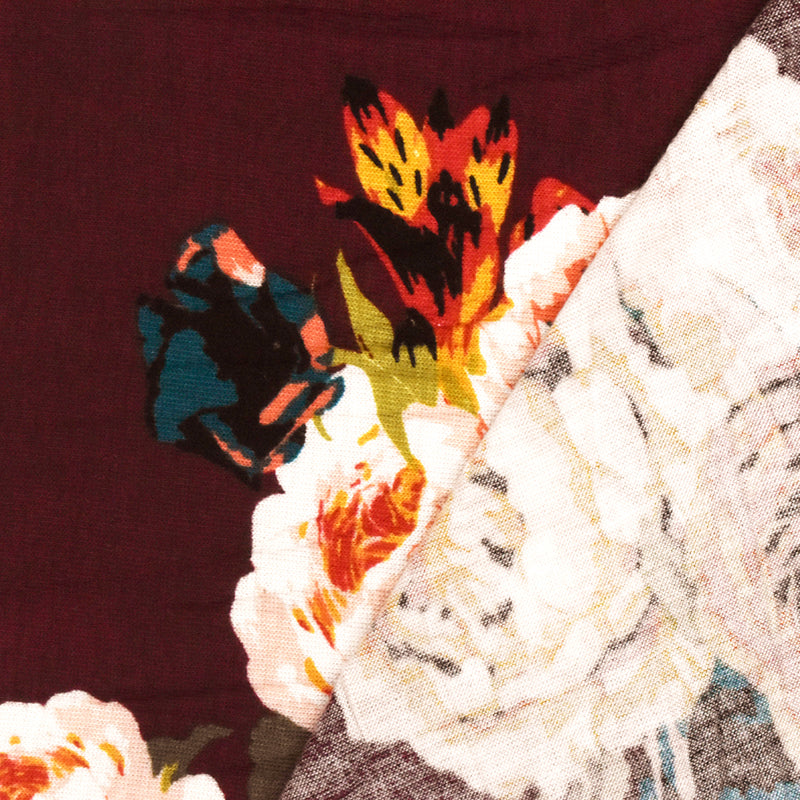 Maroon Red-Orange-Multi Floral Printed Rayon Stretch Jersey Knit Fabric