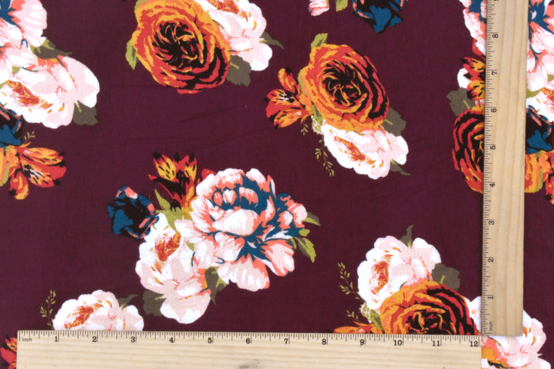 Maroon Red-Orange-Multi Floral Printed Rayon Stretch Jersey Knit Fabric