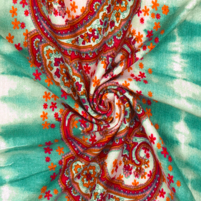 Teal-Red-Multi Striped Paisley Printed Rayon Stretch Jersey Knit Fabric