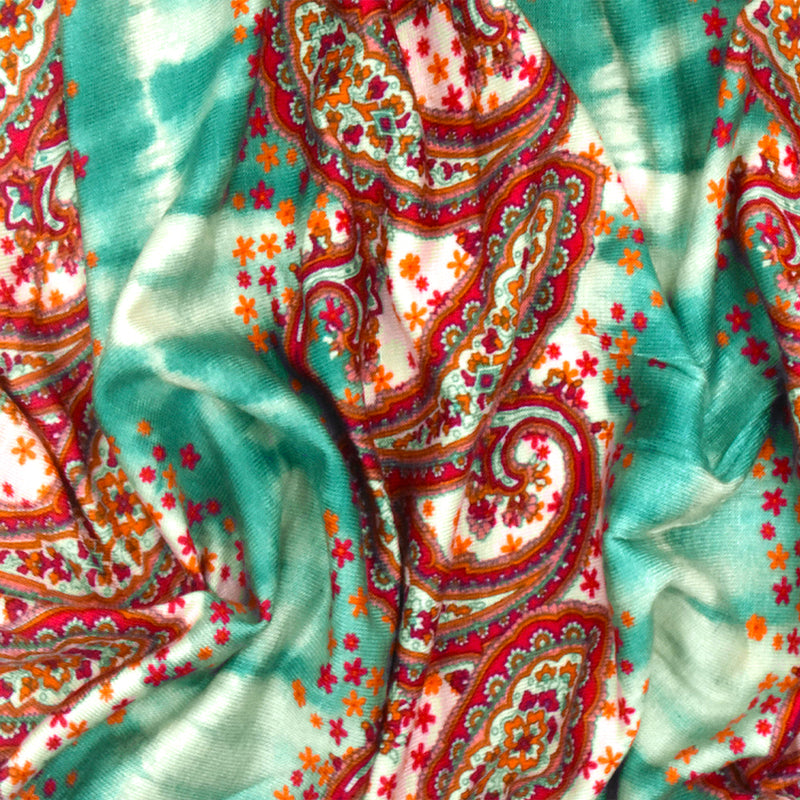Teal-Red-Multi Striped Paisley Printed Rayon Stretch Jersey Knit Fabric