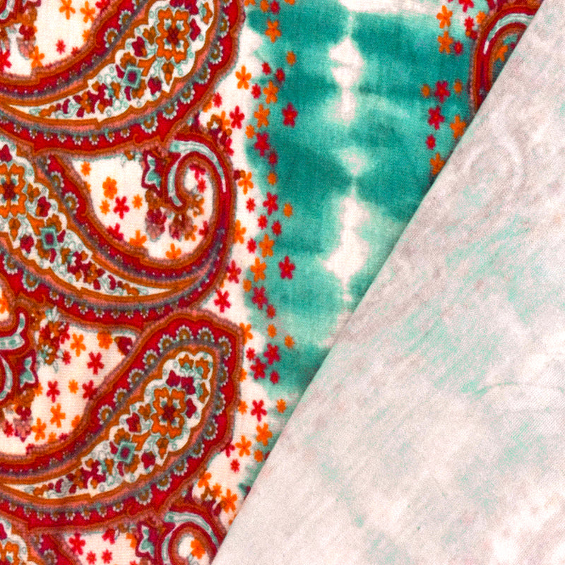 Teal-Red-Multi Striped Paisley Printed Rayon Stretch Jersey Knit Fabric