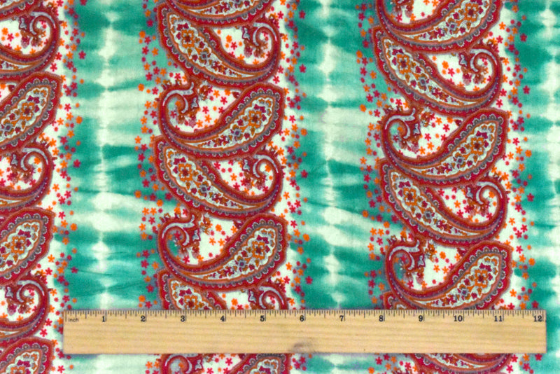 Teal-Red-Multi Striped Paisley Printed Rayon Stretch Jersey Knit Fabric