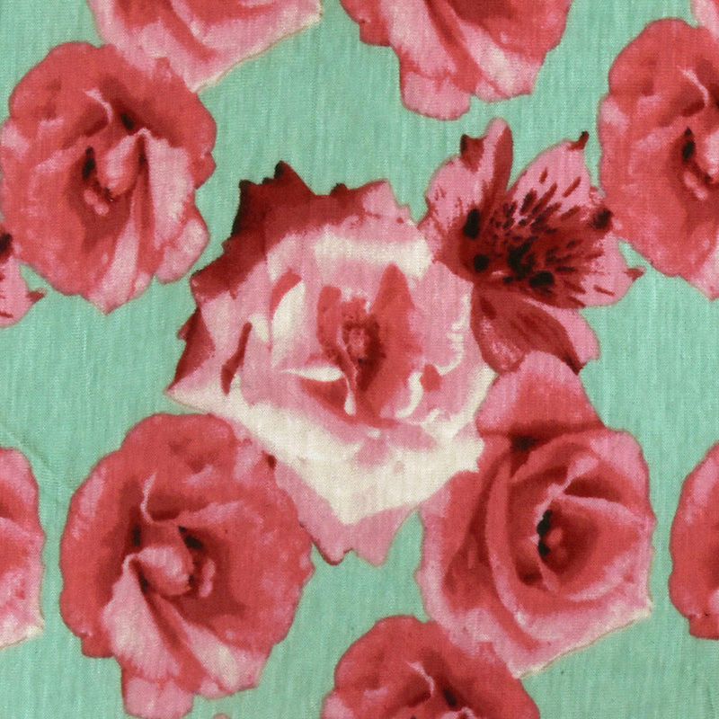 Mint Green-Pink-Multi Rose Printed Slub Rayon Stretch Jersey Knit Fabric