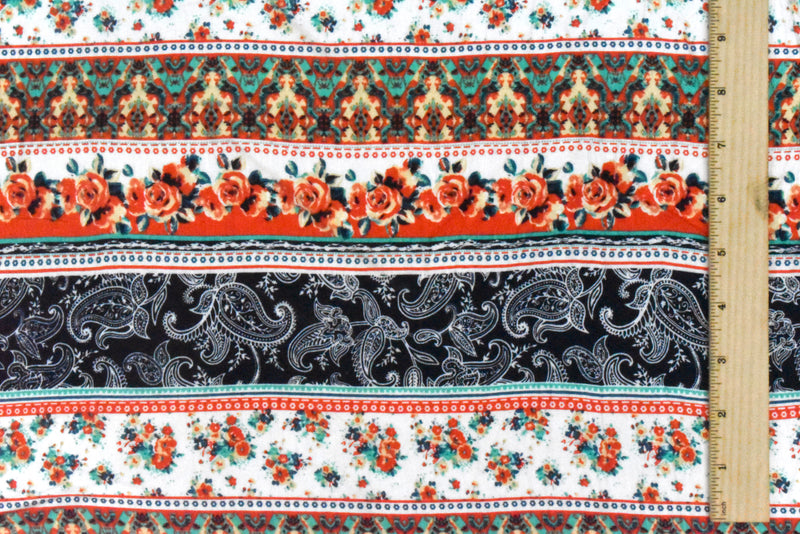 Ivory-Red-Multi Mix Pattern Stripe Printed Stretch Rayon Jersey Knit Fabric