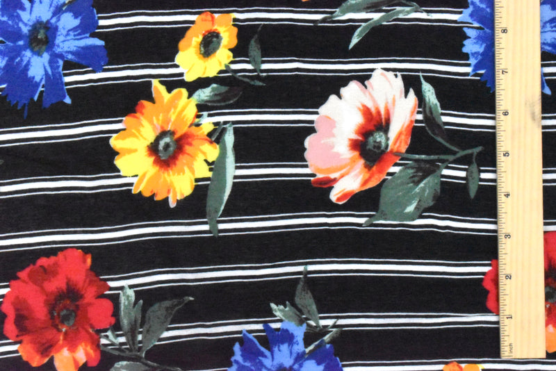 Black-Yellow-Multi Floral Stripe Printed Rayon Gauze Woven Fabric