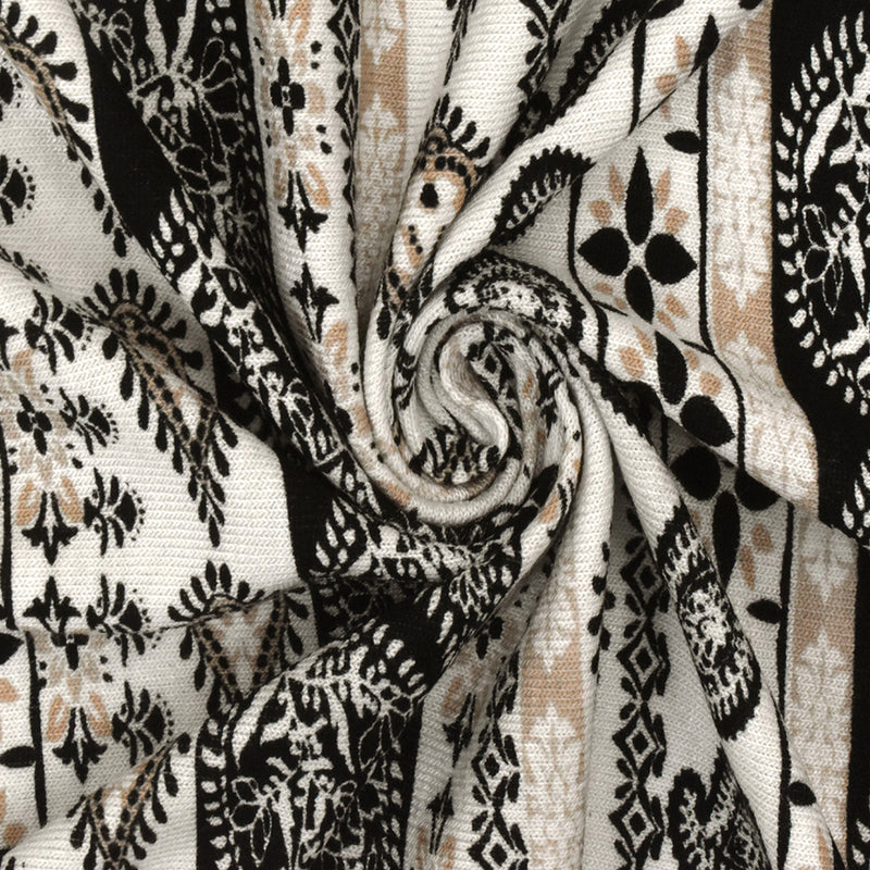 White-Black-Beige Paisley Stripe Printed Rayon Stretch Jersey Knit Fabric