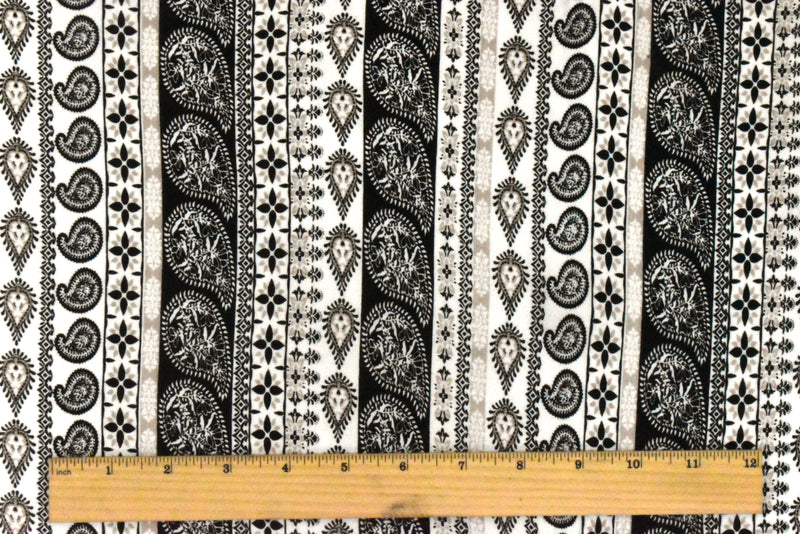 White-Black-Beige Paisley Stripe Printed Rayon Stretch Jersey Knit Fabric