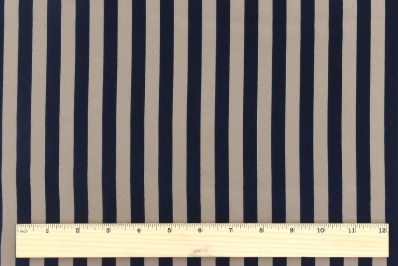Navy Blue-Taupe Stripe Printed Silk Crepe De Chine Fabric