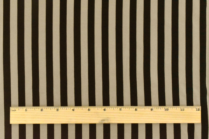 Taupe Beige-Black Stripe Printed Silk Crepe De Chine Woven Fabric