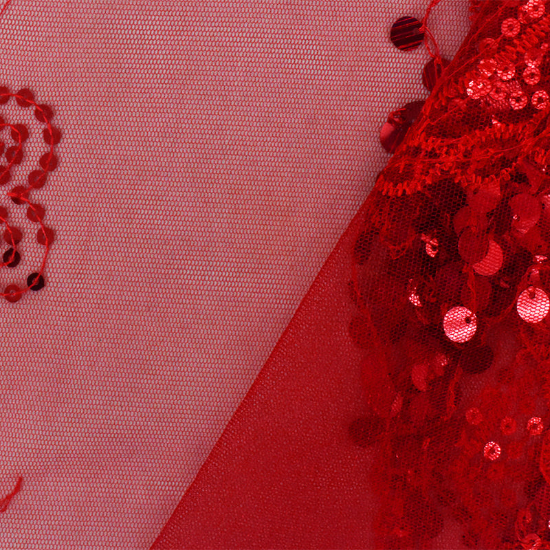 Valentine Red Heart Embroidered Sequin-Fringe Mesh Tulle Fabric