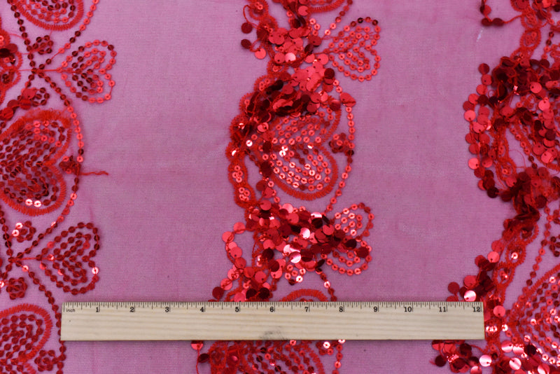 Valentine Red Heart Embroidered Sequin-Fringe Mesh Tulle Fabric