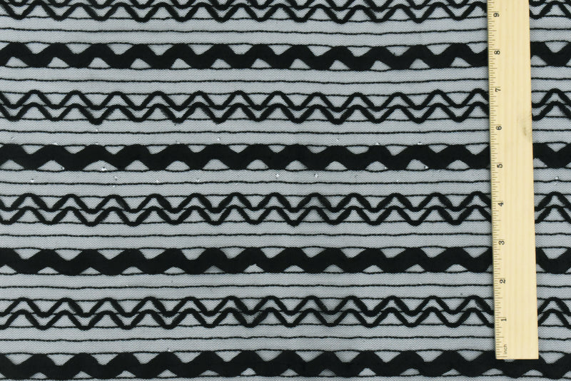 Night Black Chevron Stripe Lace Mesh Knit Fabric