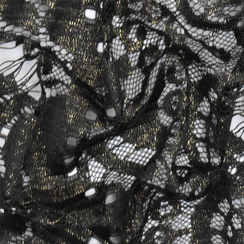 Onyx Black-Gold Printed Texture Fancy Scallop Lace Knit Fabric