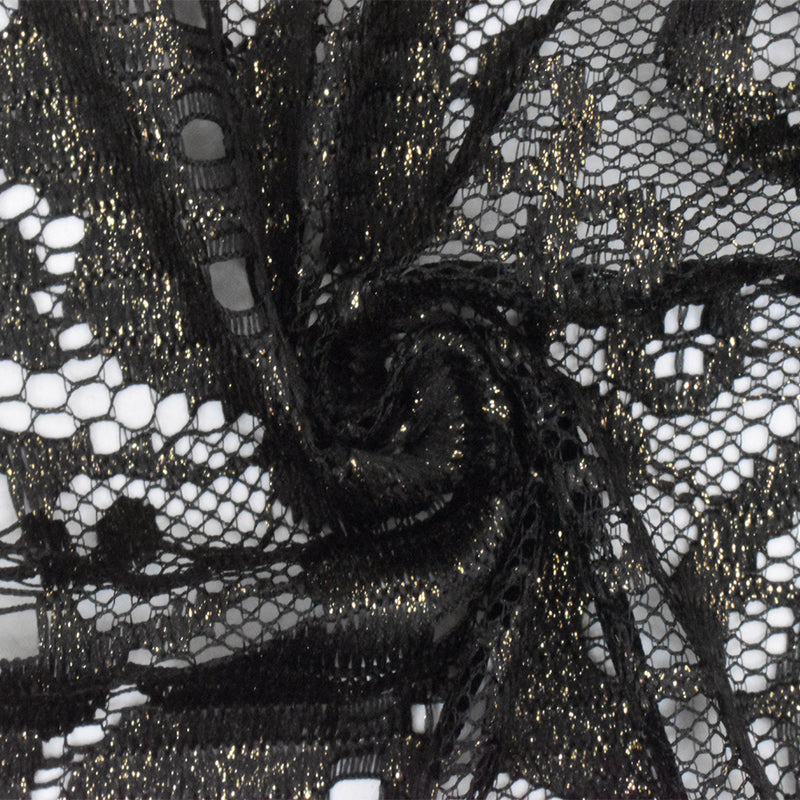 Onyx Black-Gold Printed Texture Fancy Scallop Lace Knit Fabric