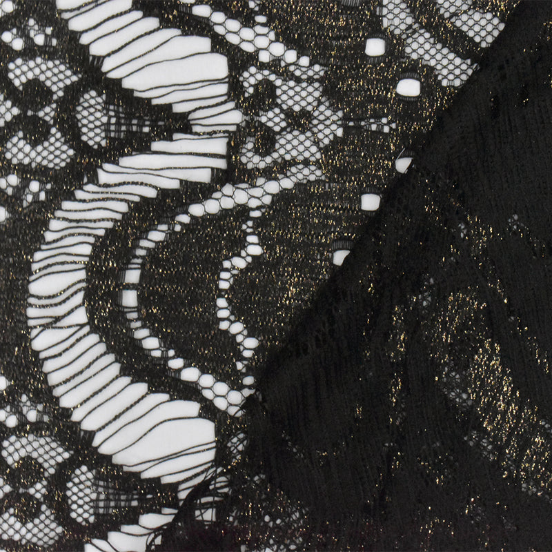 Onyx Black-Gold Printed Texture Fancy Scallop Lace Knit Fabric