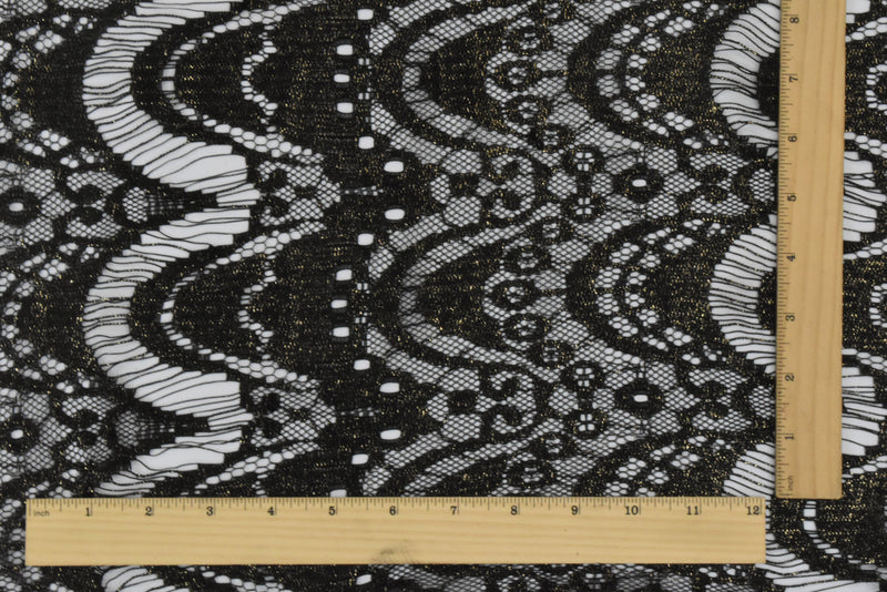 Onyx Black-Gold Printed Texture Fancy Scallop Lace Knit Fabric