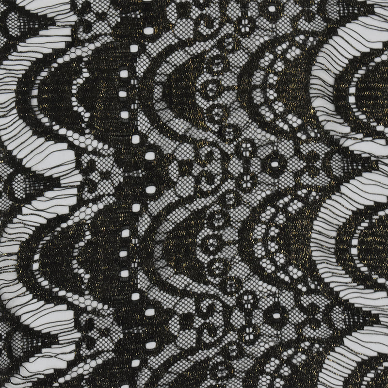 Onyx Black-Gold Printed Texture Fancy Scallop Lace Knit Fabric