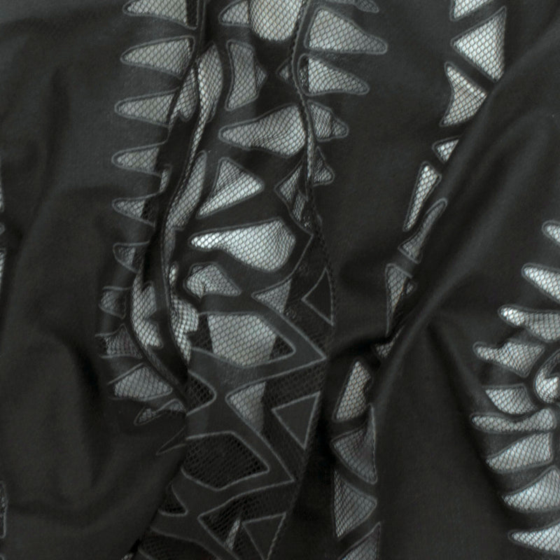 Black-Gray Tribal Printed Cotton-Poly Burnout Mesh Fabric