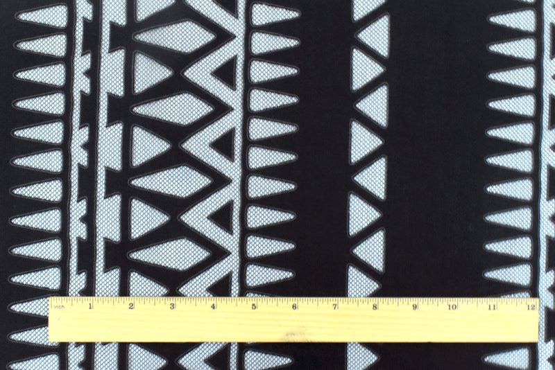 Black-Gray Tribal Printed Cotton-Poly Burnout Mesh Fabric