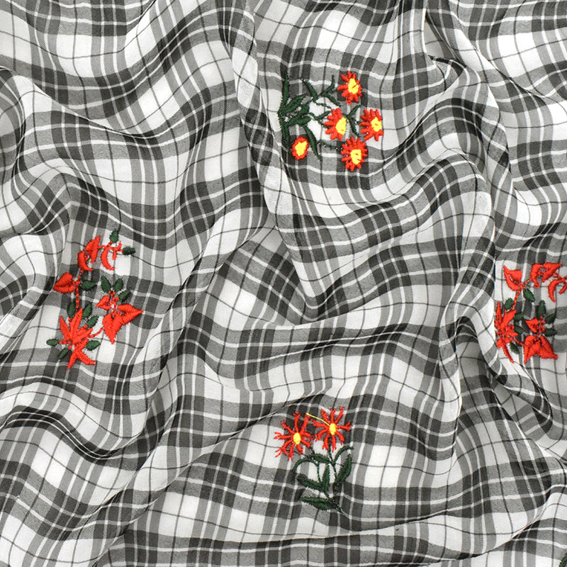 Ivory-Black-Multi Floral Embroidered Plaid Polyester Chiffon Woven Fabric