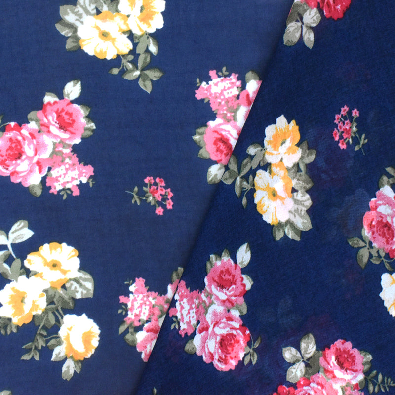Navy Blue-Pink-Multi Floral Printed Polyester Chiffon Woven Fabric