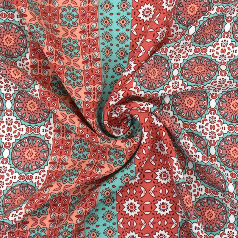 Carol Pink-Teal-Multi Moroccan Printed Polyester Georgette Woven Fabric