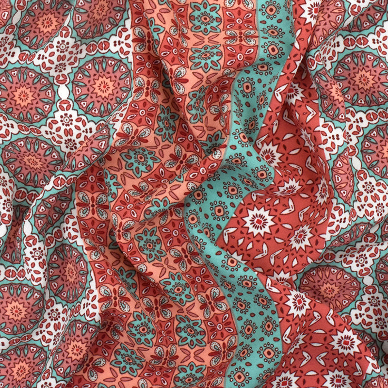 Carol Pink-Teal-Multi Moroccan Printed Polyester Georgette Woven Fabric