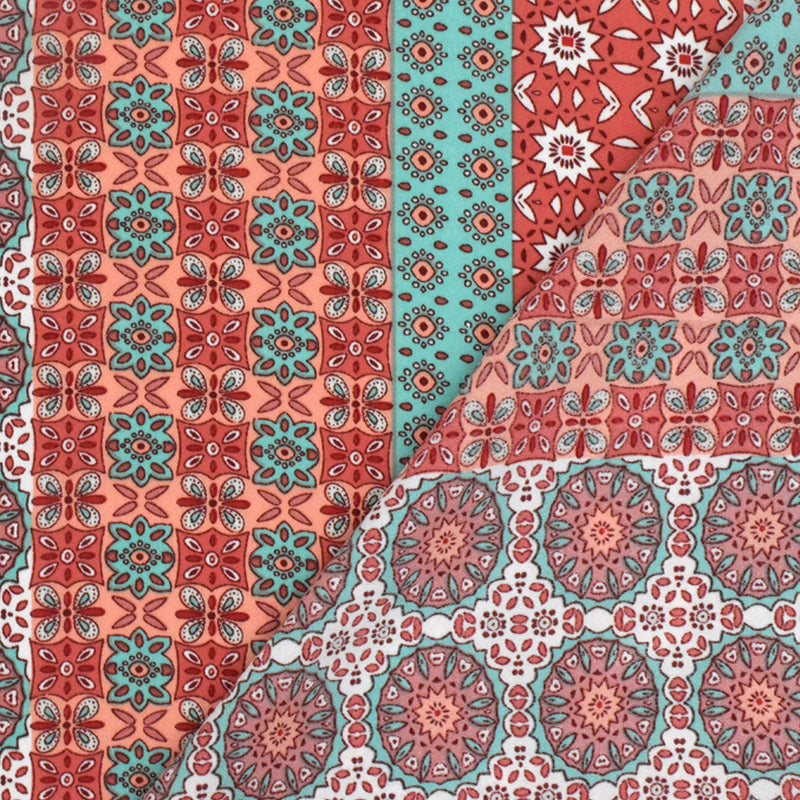 Carol Pink-Teal-Multi Moroccan Printed Polyester Georgette Woven Fabric