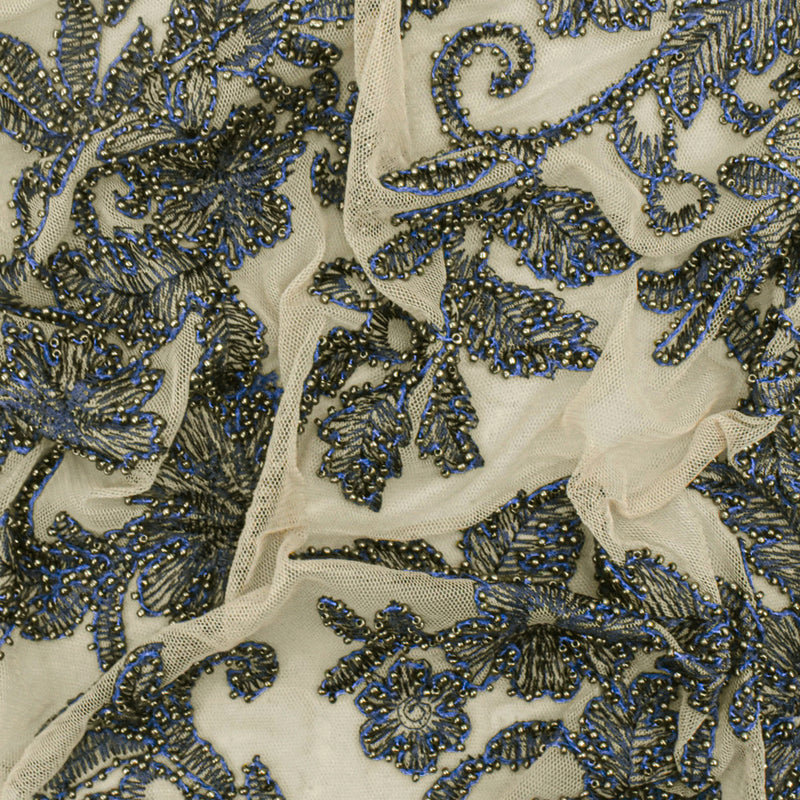 Beige-Blue-Silver Floral Bead Embroidered Scallop Tulle Fabric