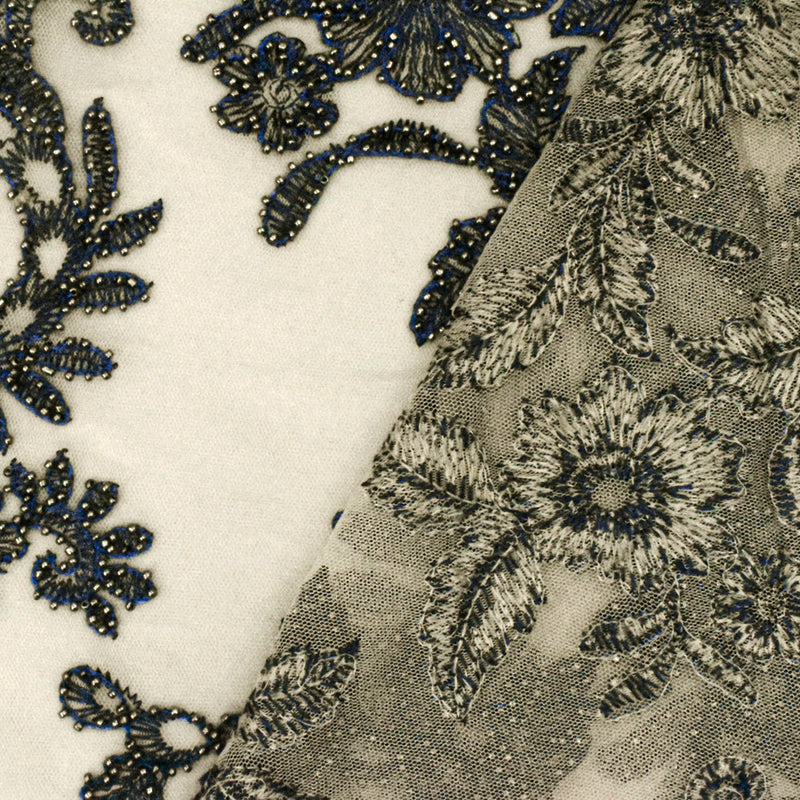 Beige-Blue-Silver Floral Bead Embroidered Scallop Tulle Fabric