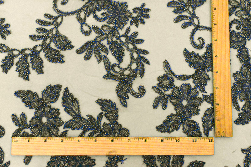 Beige-Blue-Silver Floral Bead Embroidered Scallop Tulle Fabric