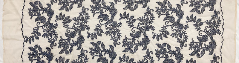 Beige-Blue-Silver Floral Bead Embroidered Scallop Tulle Fabric