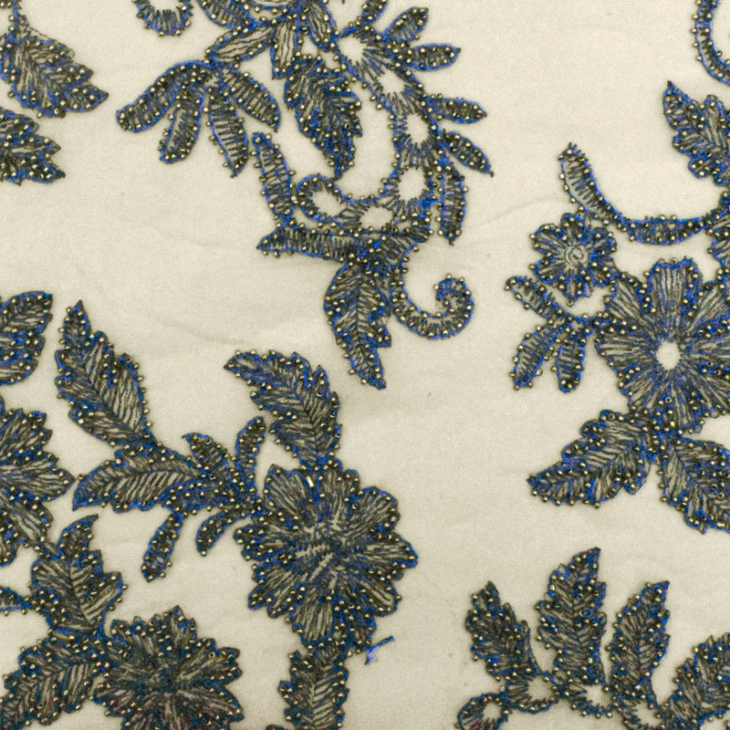 Beige-Blue-Silver Floral Bead Embroidered Scallop Tulle Fabric