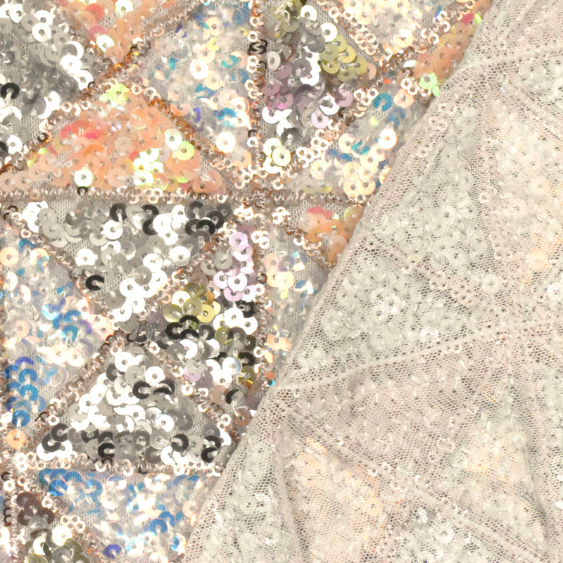 Pink Beige-Silver-Multi Triangles Sequined Stretch Mesh Fabric
