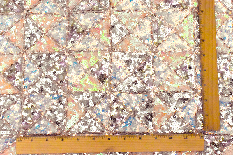 Pink Beige-Silver-Multi Triangles Sequined Stretch Mesh Fabric