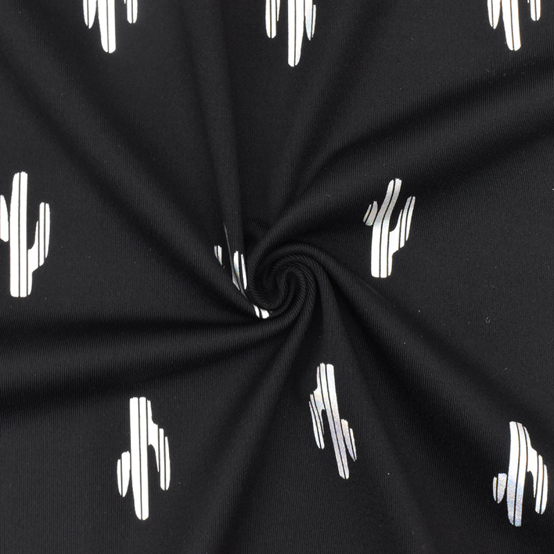 Black-Silver Famous Maker Cactus Print Stretch Tricot Swimwear Knit Fabric
