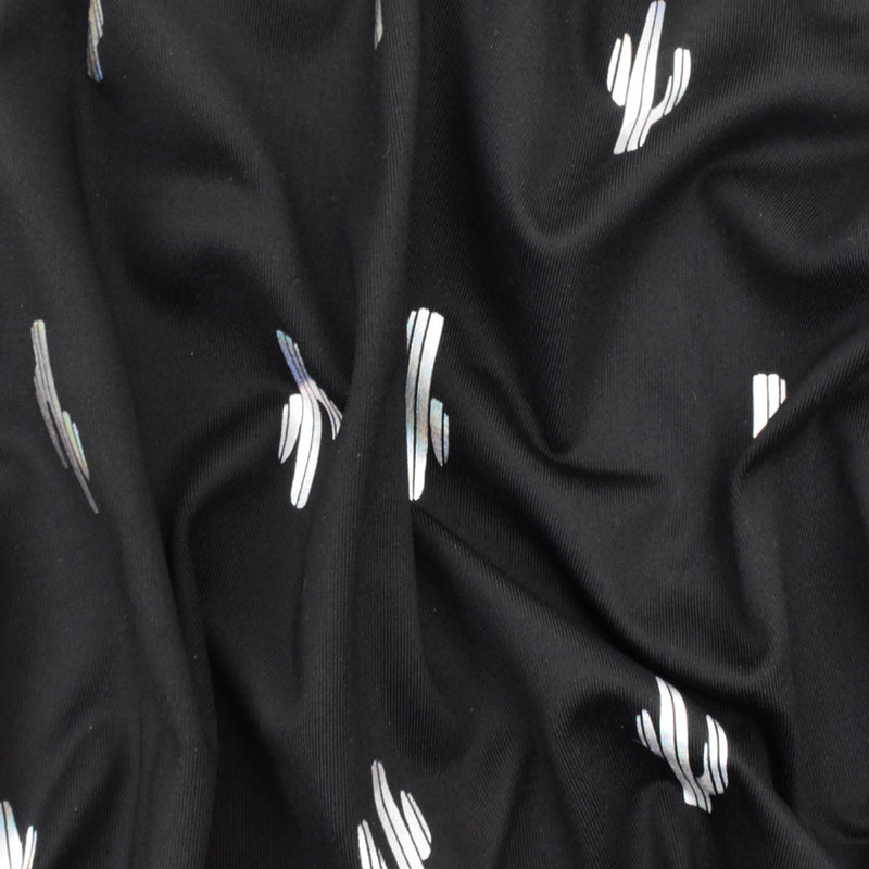 Black-Silver Famous Maker Cactus Print Stretch Tricot Swimwear Knit Fabric