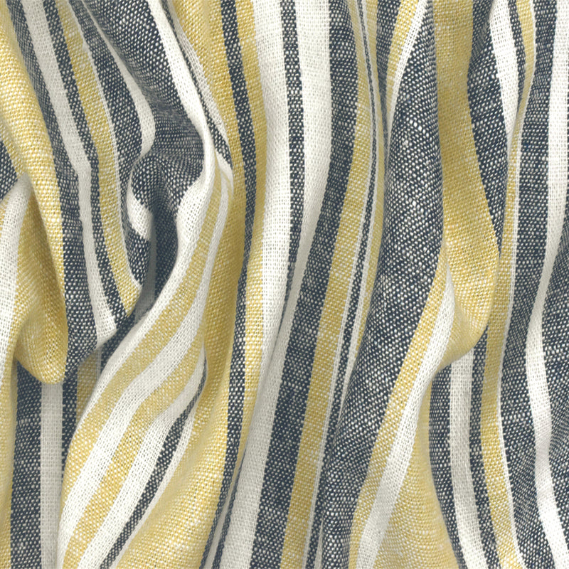 5 YD PC-Dijon Yellow-Blue-White Striped Linen Cotton Shirting Woven Fabric