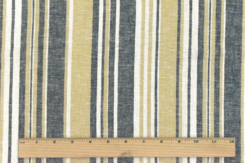 5 YD PC-Dijon Yellow-Blue-White Striped Linen Cotton Shirting Woven Fabric