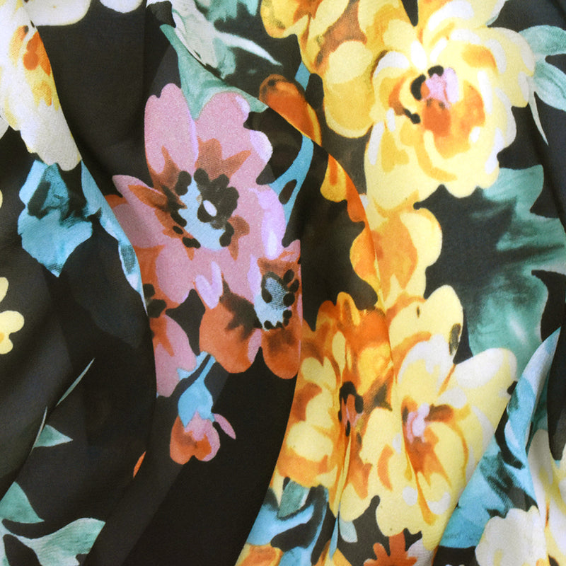 2 1/2 YD PC-Black-Multi Famous Designer Floral Print Viscose Chiffon Woven Fabric