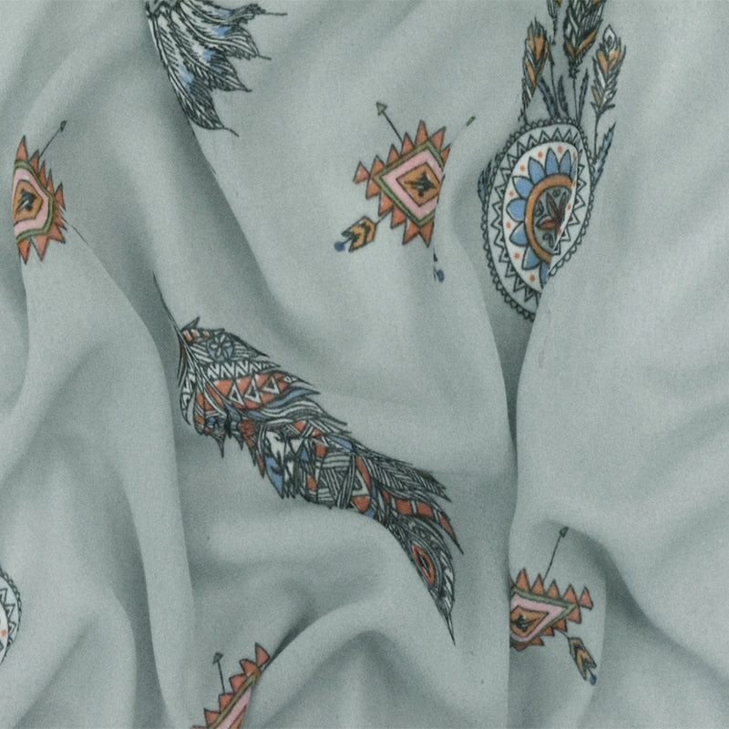 Ash Mist Blue-Multi Famous Designer Dream Catcher Printed Chiffon Fabric