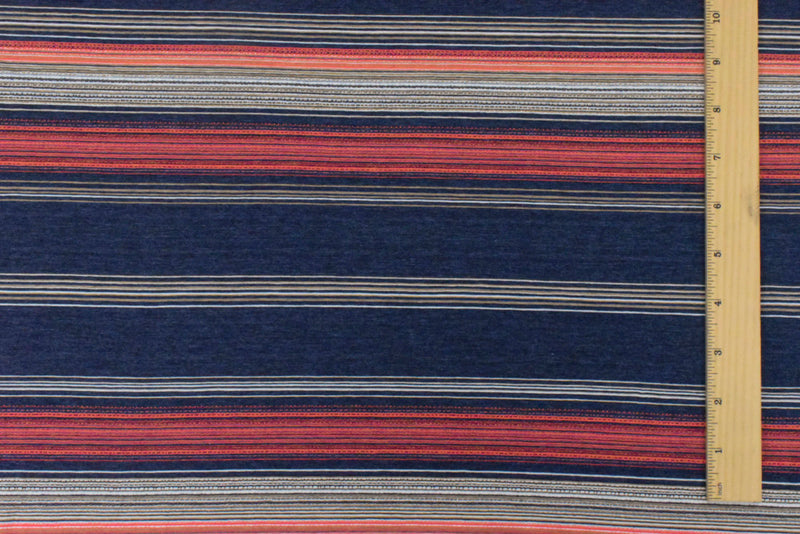 Navy-Coral-Multi Striped Viscose Stretch Jersey Knit Fabric