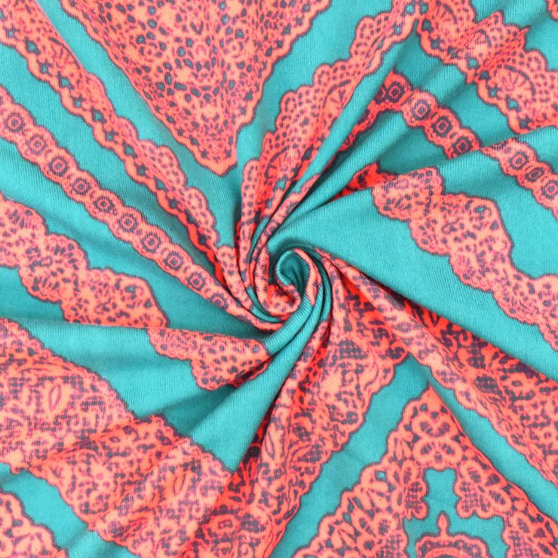 Aqua Teal-Neon Coral Lace Chevron Printed Double Brushed ITY Knit Fabric