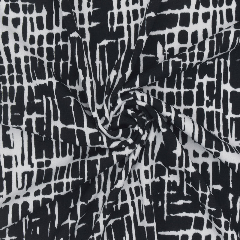Black-White Famous Designer Abstract Cross Hatch Printed ITY Knit Fabric