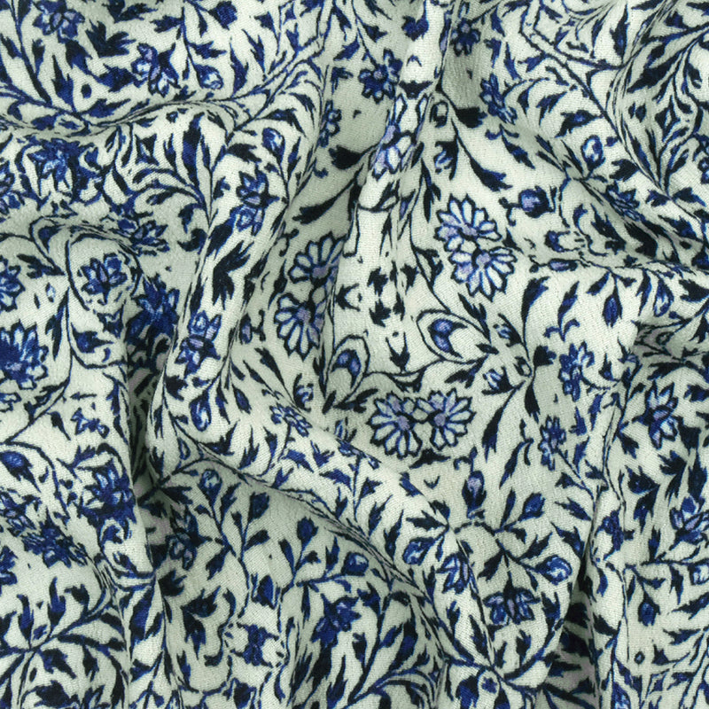 Blue-Beige Famous Designer Floral Trellis Printed Rayon Crepe Faille Fabric