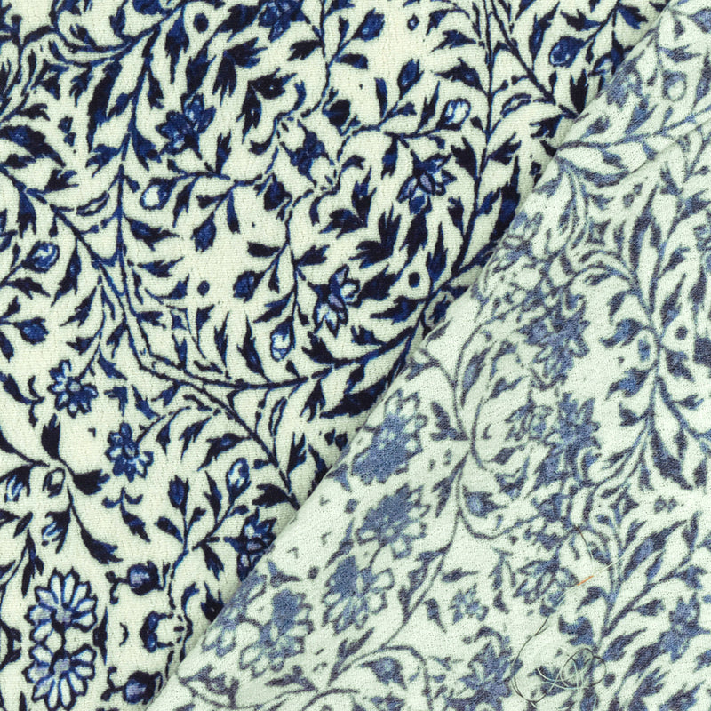 Blue-Beige Famous Designer Floral Trellis Printed Rayon Crepe Faille Fabric