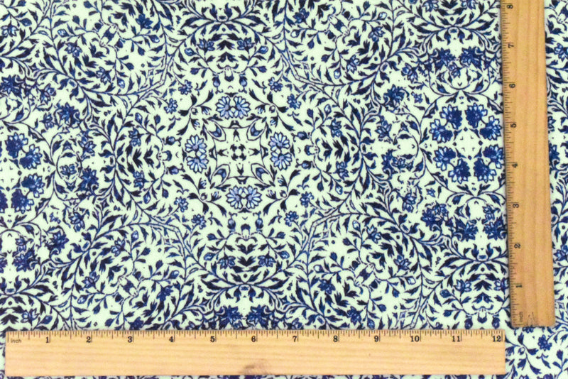 Blue-Beige Famous Designer Floral Trellis Printed Rayon Crepe Faille Fabric
