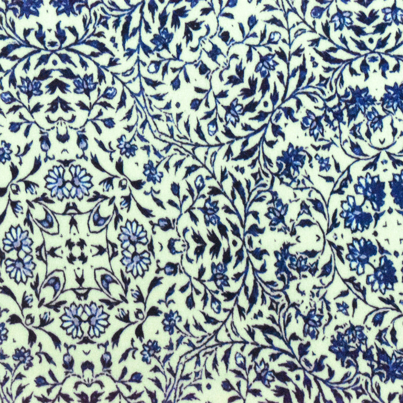 Blue-Beige Famous Designer Floral Trellis Printed Rayon Crepe Faille Fabric