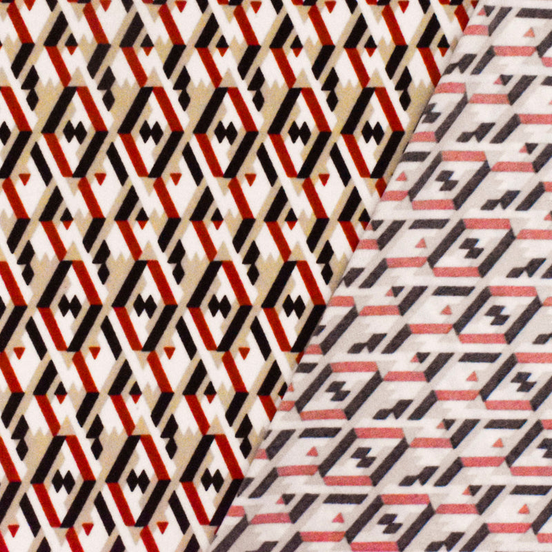 Taupe Beige-Red-Multi Geometry 3D Printed Stretch Polyester ITY Knit Fabric